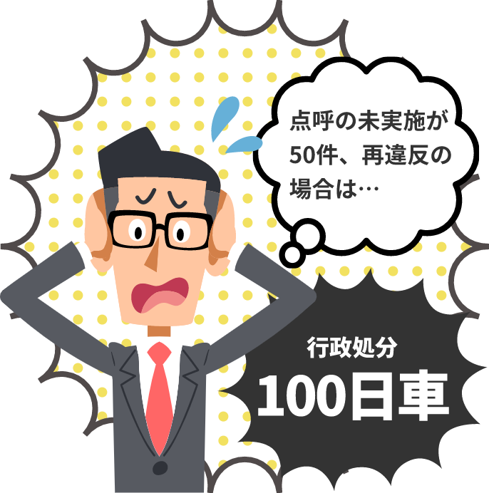点呼の未実施が50件・再違反の場合は、行政処分100日車！